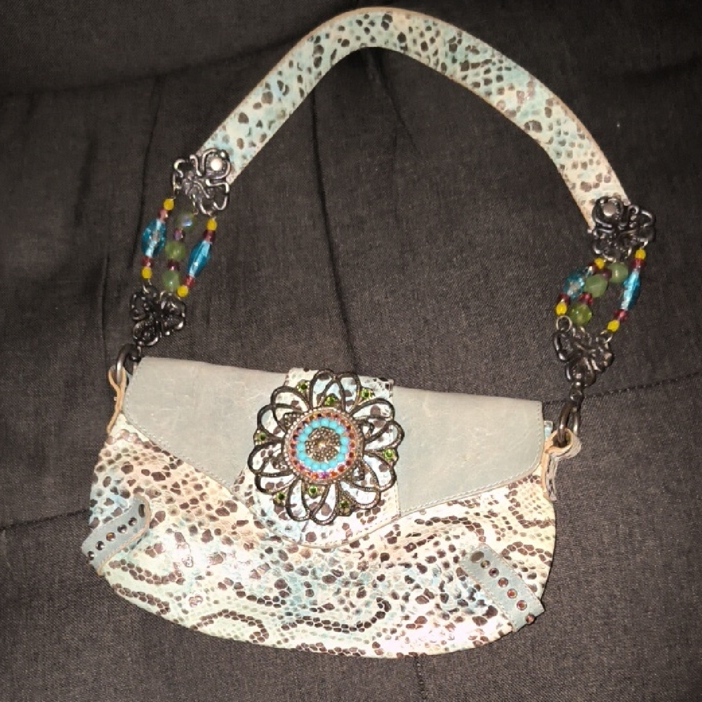 Leatherock | Snakeskin Patterned Leather Shoulder Bag with Floral Accent